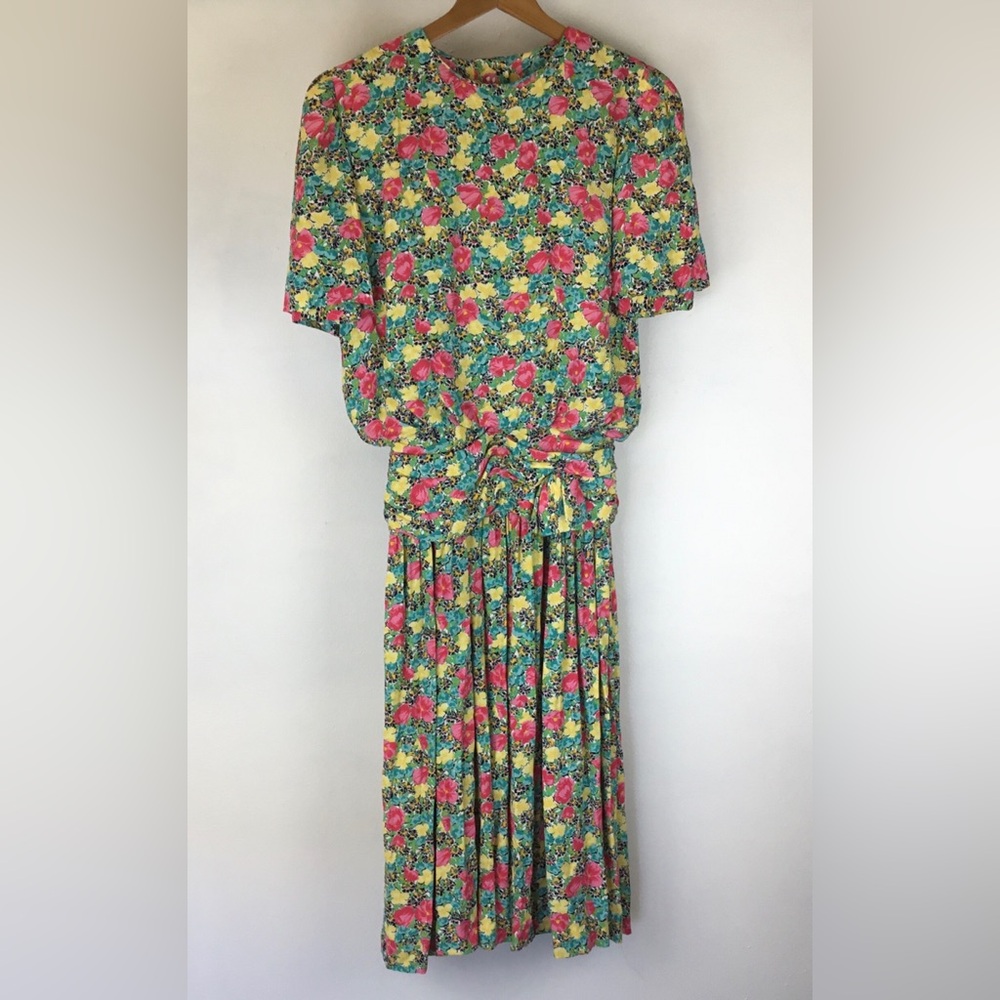 Vintage Patty O’Neil Bright Floral Garden Party Dress Ruched Waist size 12